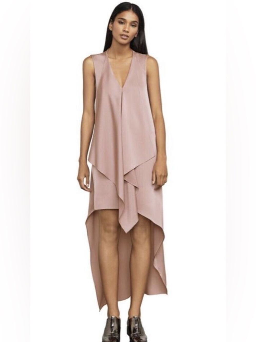BCBGMAXAZRIA Tara Cascade Ruffle Asymmetrical Dress in Dusty Rose. Size large. - Picture 2 of 6